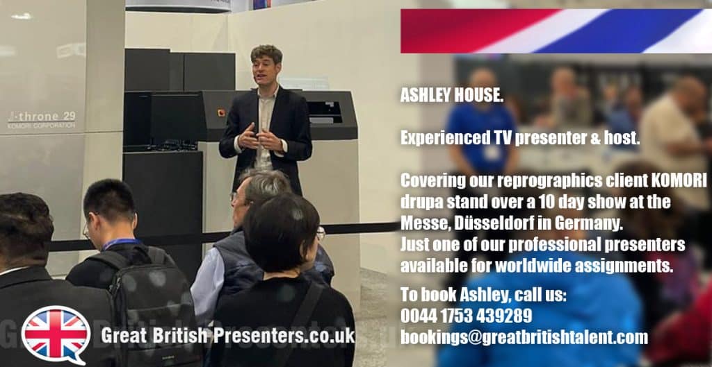 Ashley House TV sports Presenter at drupa Messe Dusseldorf book at agent Great British Presenters