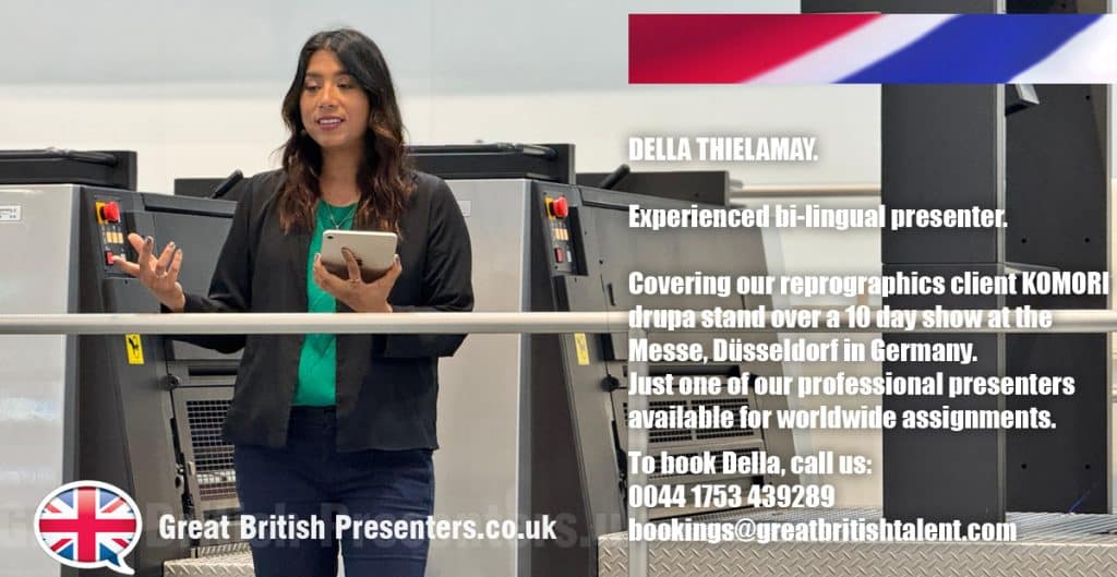 Della Thielamay demonstration Presenter at drupa Messe Dusseldorf book at agent Great British Presenters