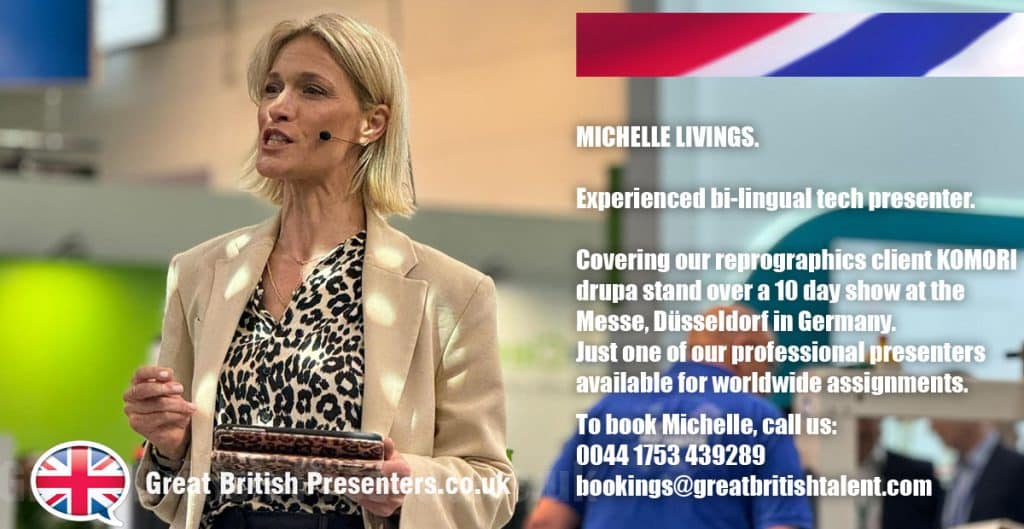 Michelle Livings Technology Presenter at drupa Messe Dusseldorf at agent Great British Presenters