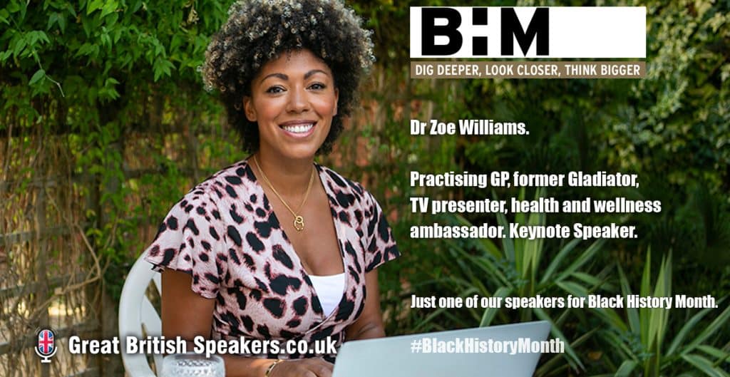 Dr Zoe Williams hire female Black History month Health Wellness diversity equality inclusion TV presenter speaker at agent Great British Speakers LI