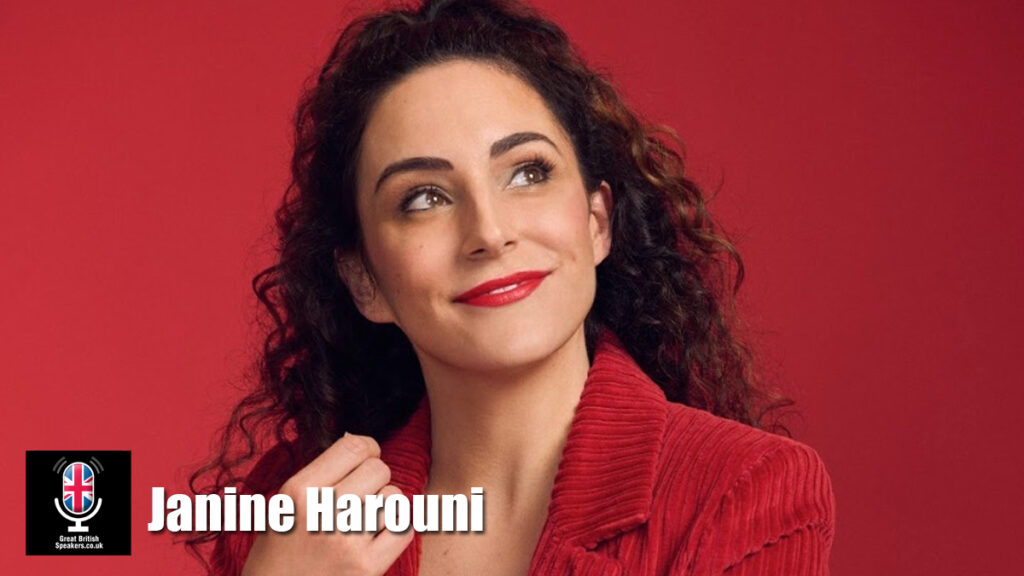 Janine Harouni hire stand up comedian speaker book at agent Great British Speakers,